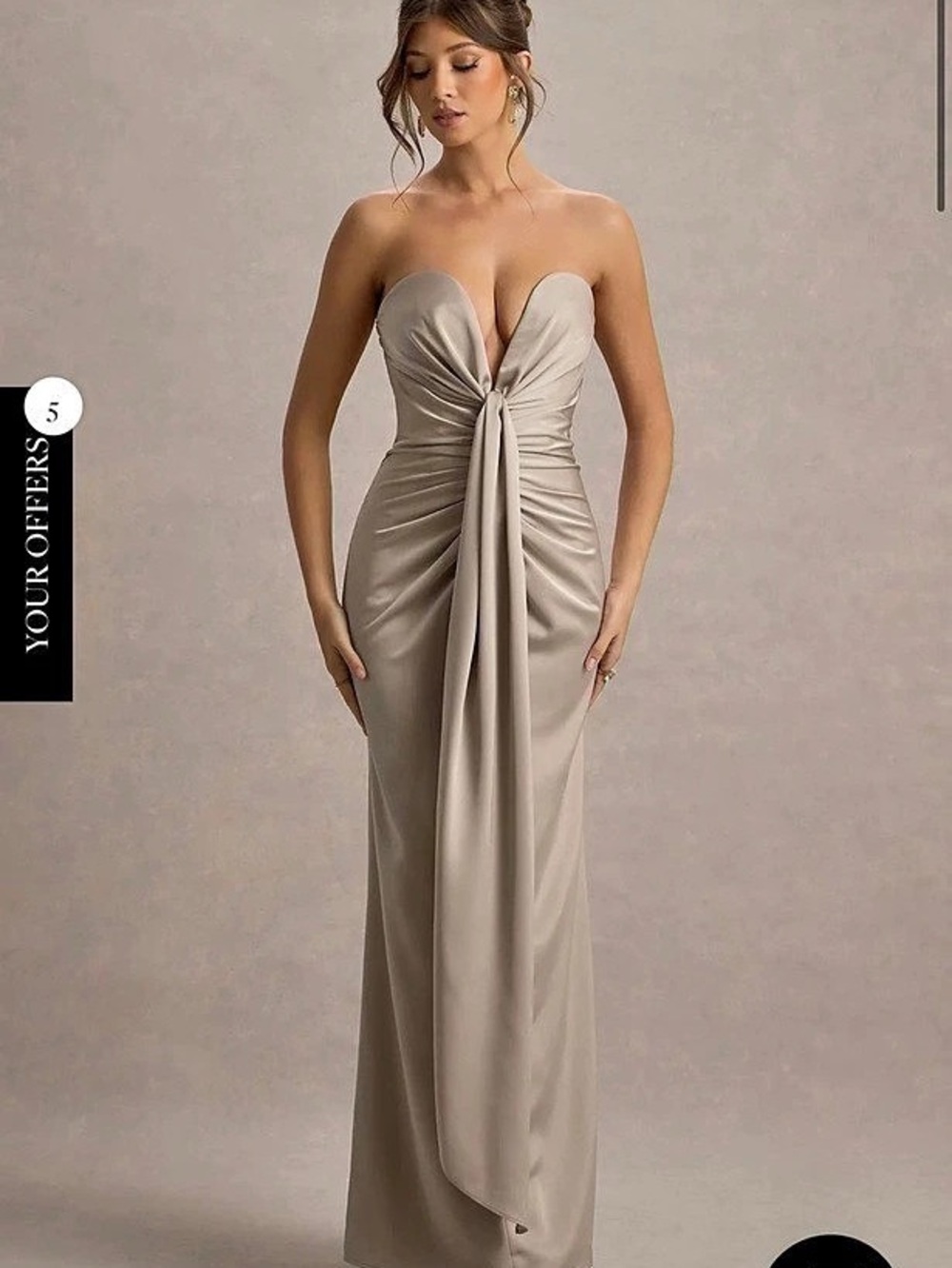 Club L London Mackenzie Champagne Satin Plunge-Neck Draped Maxi Dress Draped